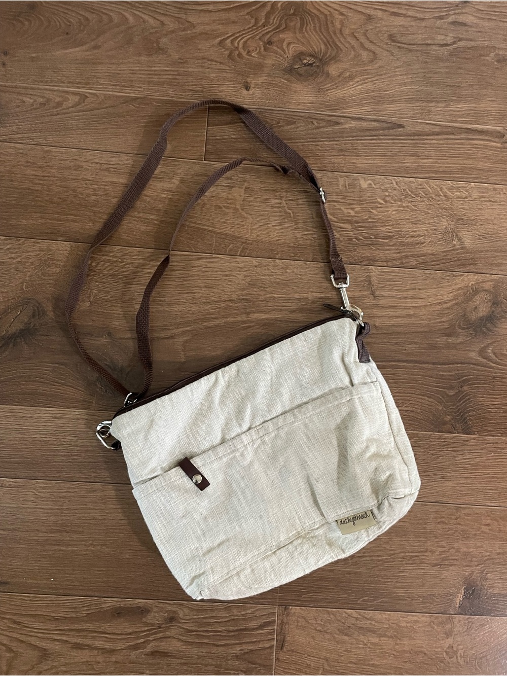 Canvas Crossbody Bag in Cream with Brown Strap